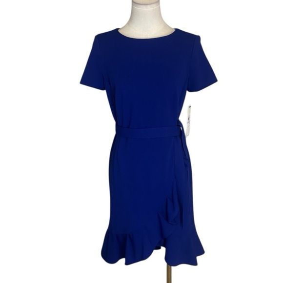 Calvin Klein Royal Blue Mini Dress Ruffle Belted Sheath Soze 6 6P Party Work NWT - Picture 7 of 13
